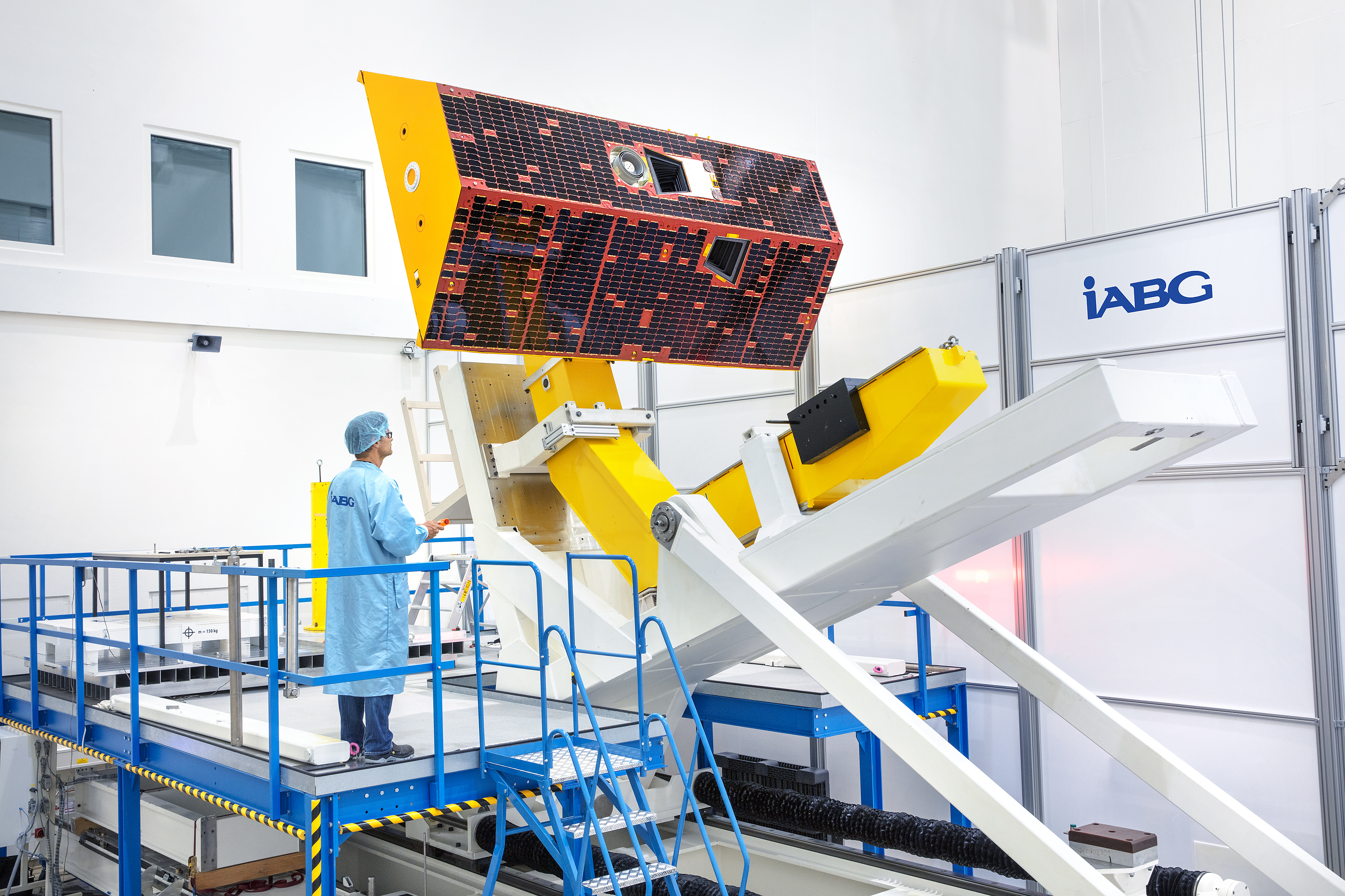 One of NASA's GRACE-FO satellites at the IABG testing facility, an Airbus subcontractor, in Munich, Germany.